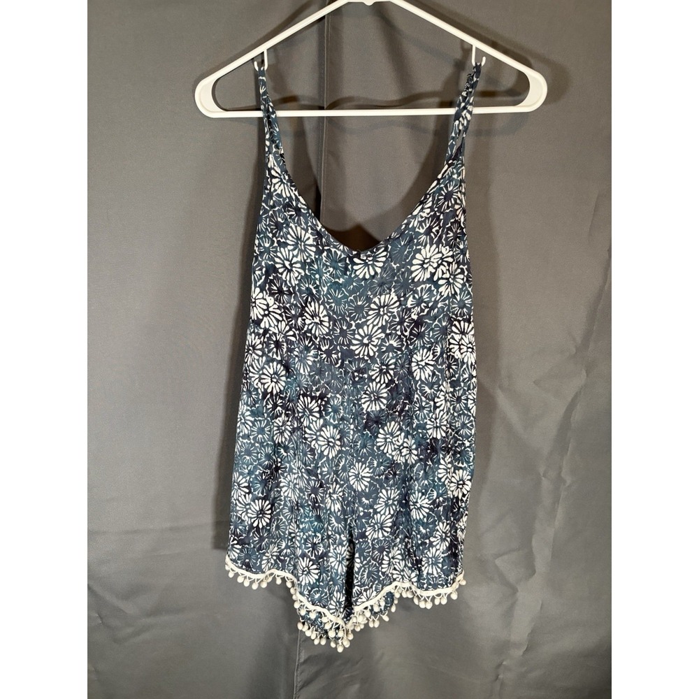 YIREH Bohemian Floral Pom-Pom Romper, Blue/White